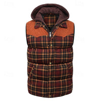 Hooded Quilted Gilet Men's Plaid Padded Vest with Corduroy Shoulders – Casual Winter Layering, Outdoor Wear