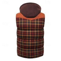 Hooded Quilted Gilet Men's Plaid Padded Vest with Corduroy Shoulders – Casual Winter Layering, Outdoor Wear