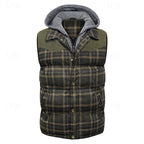Hooded Quilted Gilet Men's Plaid Padded Vest with Corduroy Shoulders – Casual Winter Layering, Outdoor Wear