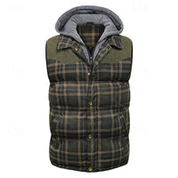 Hooded Quilted Gilet Men's Plaid Padded Vest with Corduroy Shoulders – Casual Winter Layering, Outdoor Wear
