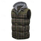 Hooded Quilted Gilet Men's Plaid Padded Vest with Corduroy Shoulders – Casual Winter Layering, Outdoor Wear