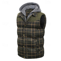 Hooded Quilted Gilet Men's Plaid Padded Vest with Corduroy Shoulders – Casual Winter Layering, Outdoor Wear