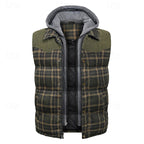 Hooded Quilted Gilet Men's Plaid Padded Vest with Corduroy Shoulders – Casual Winter Layering, Outdoor Wear