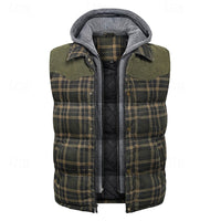 Hooded Quilted Gilet Men's Plaid Padded Vest with Corduroy Shoulders – Casual Winter Layering, Outdoor Wear