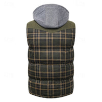 Hooded Quilted Gilet Men's Plaid Padded Vest with Corduroy Shoulders – Casual Winter Layering, Outdoor Wear