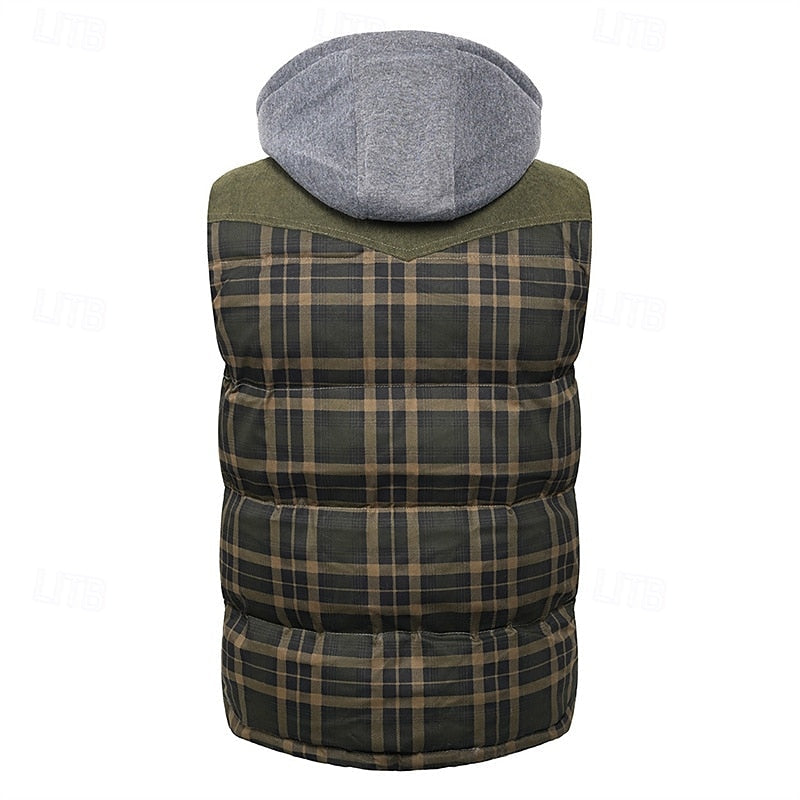 Hooded Quilted Gilet Men's Plaid Padded Vest with Corduroy Shoulders – Casual Winter Layering, Outdoor Wear