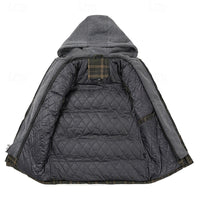 Hooded Quilted Gilet Men's Plaid Padded Vest with Corduroy Shoulders – Casual Winter Layering, Outdoor Wear