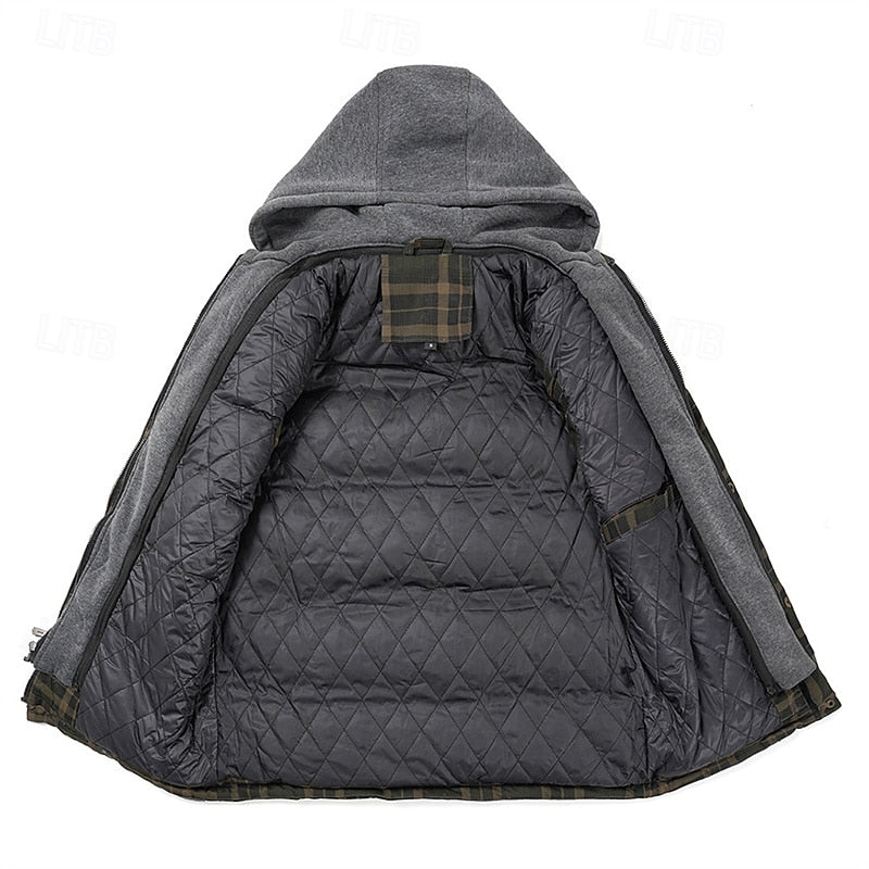 Hooded Quilted Gilet Men's Plaid Padded Vest with Corduroy Shoulders – Casual Winter Layering, Outdoor Wear