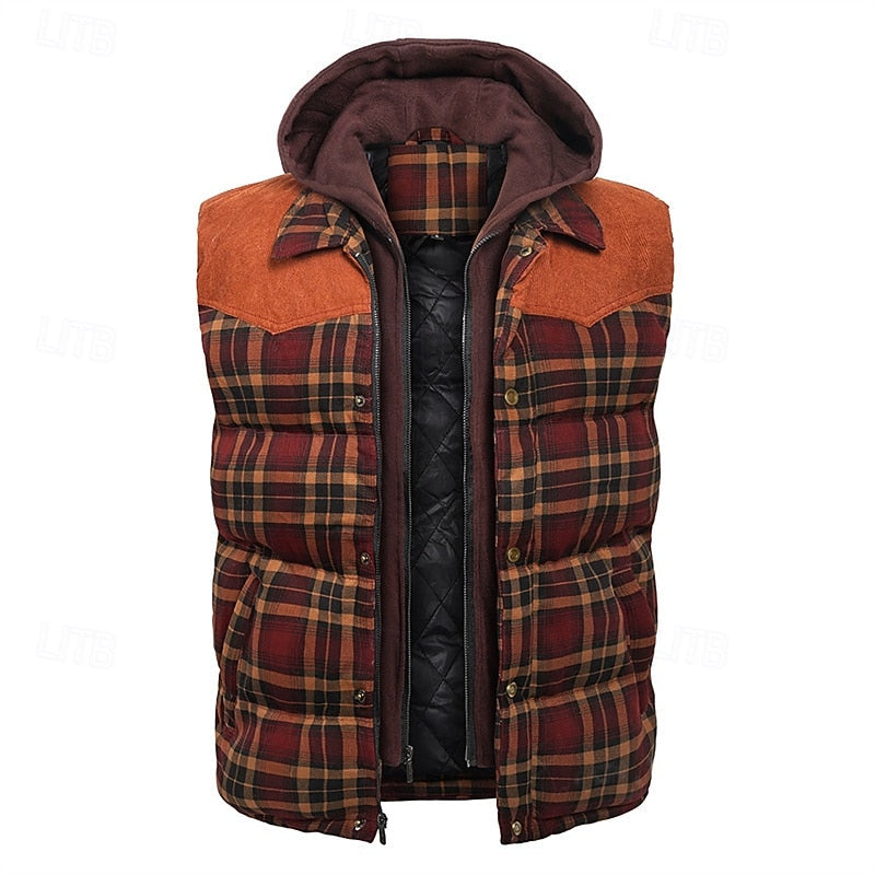 Hooded Quilted Gilet Men's Plaid Padded Vest with Corduroy Shoulders – Casual Winter Layering, Outdoor Wear
