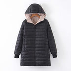 Hooded Quilted Parka Women's Fleece-Lined Navy Long Coat – Casual, Winter