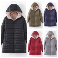 Hooded Quilted Parka Women's Fleece-Lined Navy Long Coat – Casual, Winter