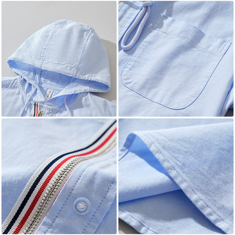 Hooded Shirt Jacket Men's Cotton Zip-Up Light Blue – Casual, Everyday Wear