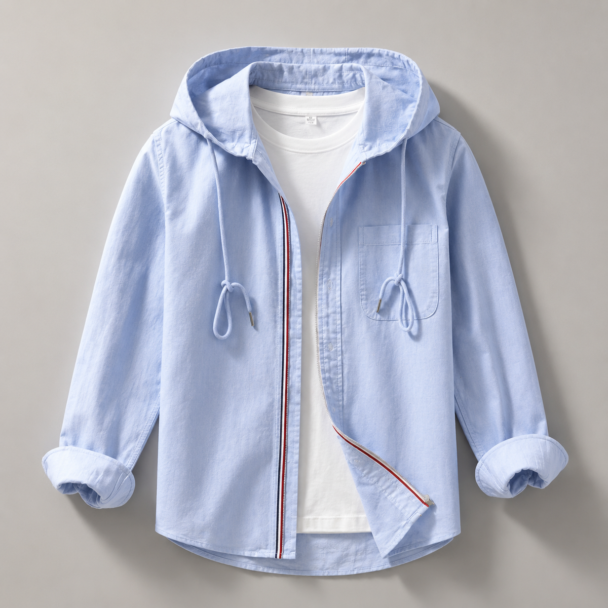 Hooded Shirt Jacket Men's Cotton Zip-Up Light Blue – Casual, Everyday Wear