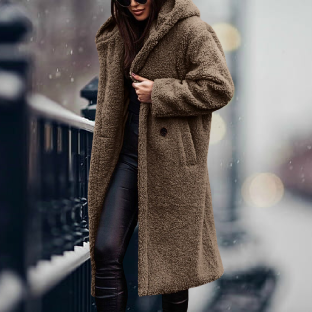Hooded Teddy Coat Women's Long Fleece Navy – Casual, Winter