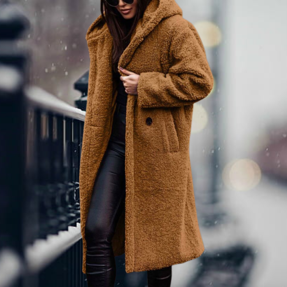 Hooded Teddy Coat Women's Long Fleece Navy – Casual, Winter