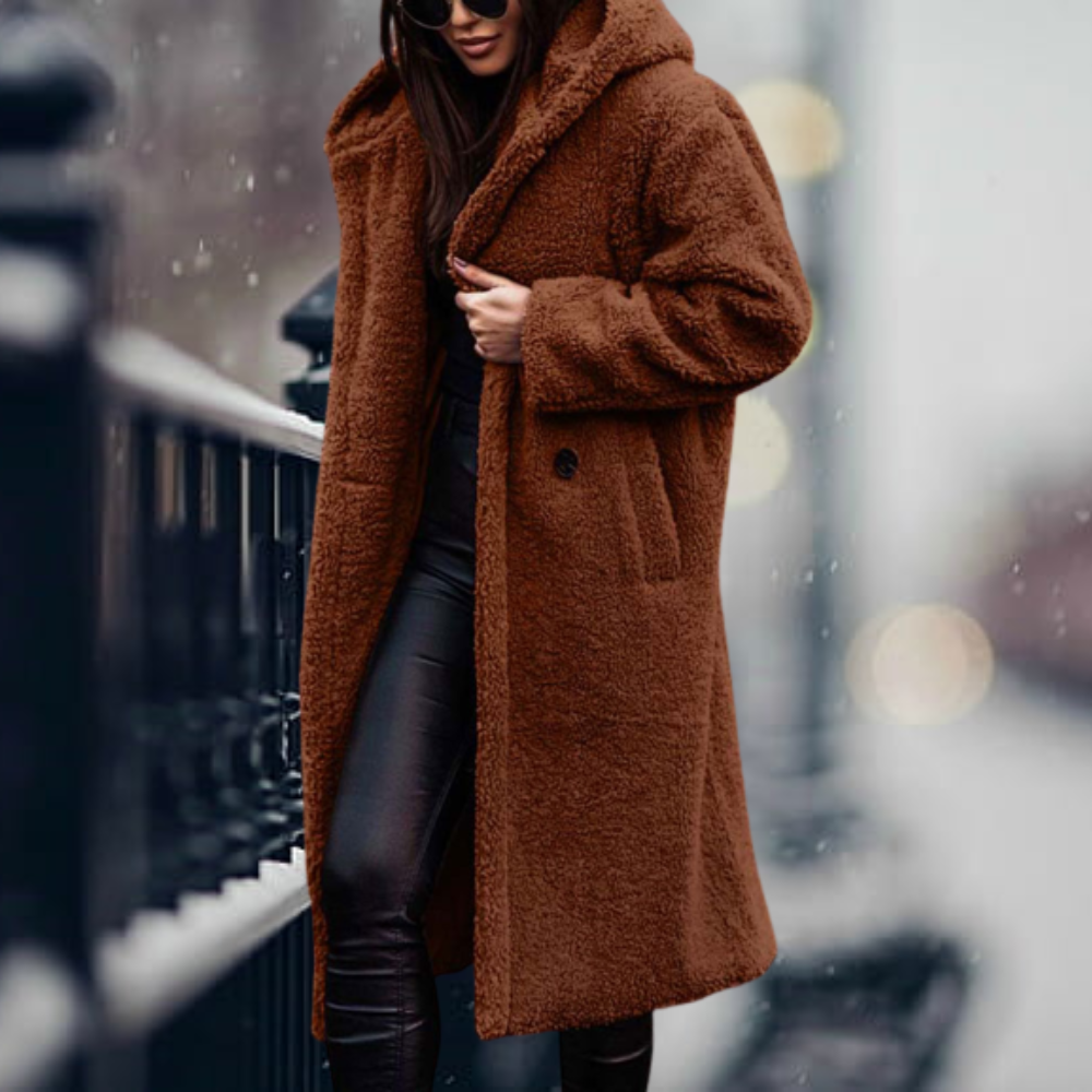 Hooded Teddy Coat Women's Long Fleece Navy – Casual, Winter