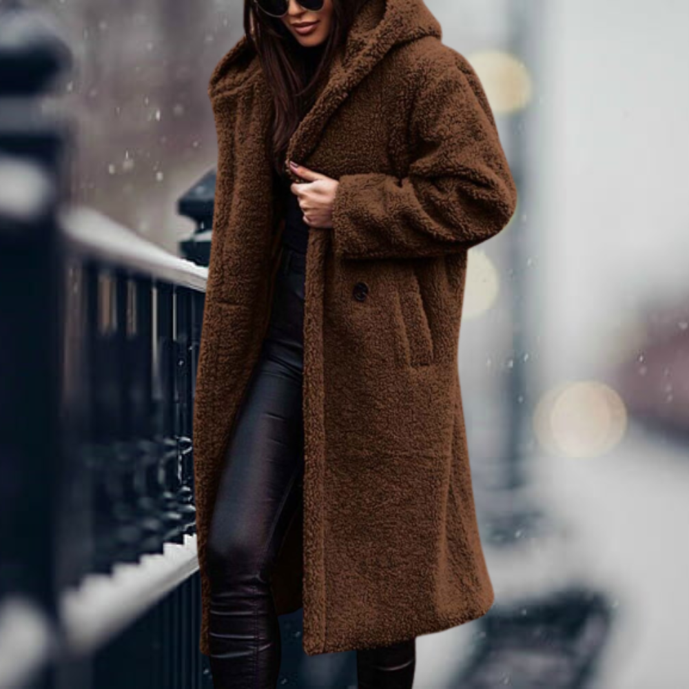 Hooded Teddy Coat Women's Long Fleece Navy – Casual, Winter