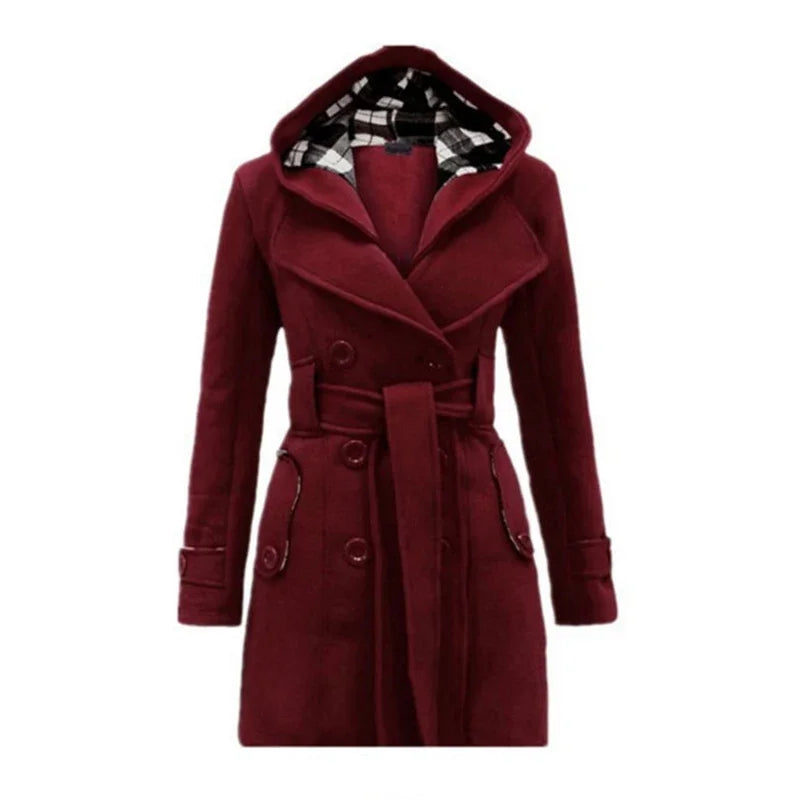 Beige Hooded Trench Coat Women's Belted Double-Breasted – Casual, Office