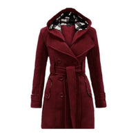 Beige Hooded Trench Coat Women's Belted Double-Breasted – Casual, Office