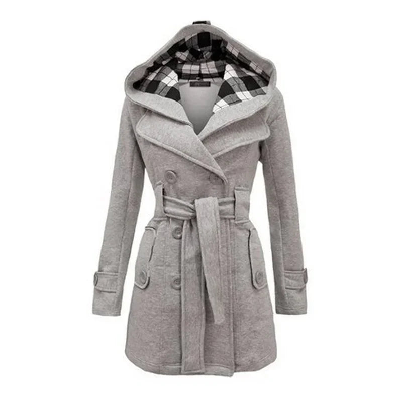 Beige Hooded Trench Coat Women's Belted Double-Breasted – Casual, Office