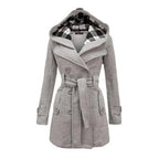Beige Hooded Trench Coat Women's Belted Double-Breasted – Casual, Office