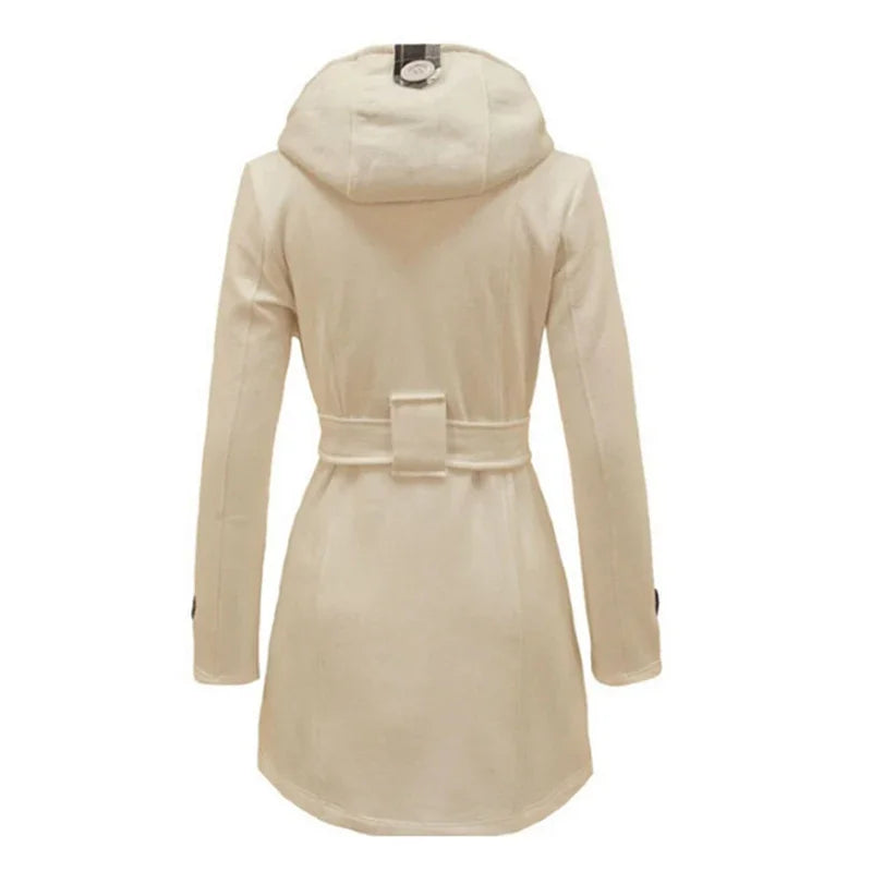 Beige Hooded Trench Coat Women's Belted Double-Breasted – Casual, Office