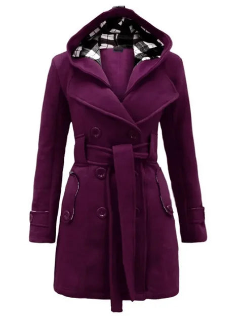 Beige Hooded Trench Coat Women's Belted Double-Breasted – Casual, Office