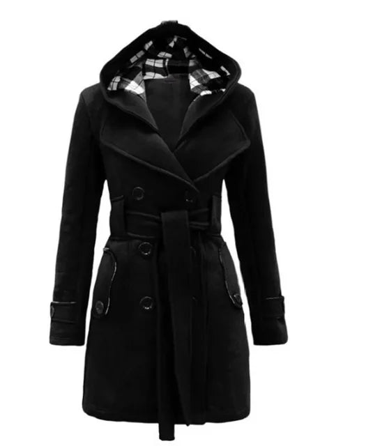 Beige Hooded Trench Coat Women's Belted Double-Breasted – Casual, Office