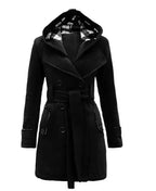Beige Hooded Trench Coat Women's Belted Double-Breasted – Casual, Office