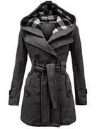 Beige Hooded Trench Coat Women's Belted Double-Breasted – Casual, Office