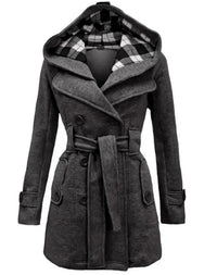 Beige Hooded Trench Coat Women's Belted Double-Breasted – Casual, Office