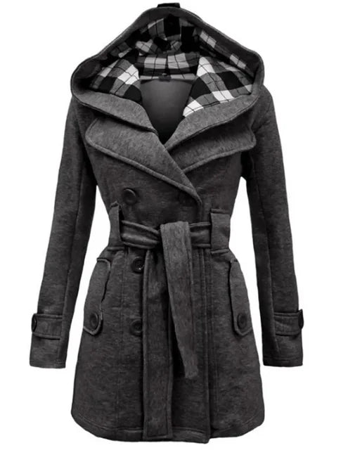 Beige Hooded Trench Coat Women's Belted Double-Breasted – Casual, Office