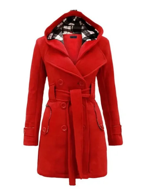 Beige Hooded Trench Coat Women's Belted Double-Breasted – Casual, Office