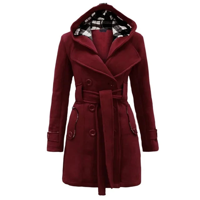 Beige Hooded Trench Coat Women's Belted Double-Breasted – Casual, Office