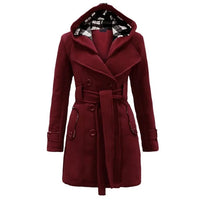 Beige Hooded Trench Coat Women's Belted Double-Breasted – Casual, Office