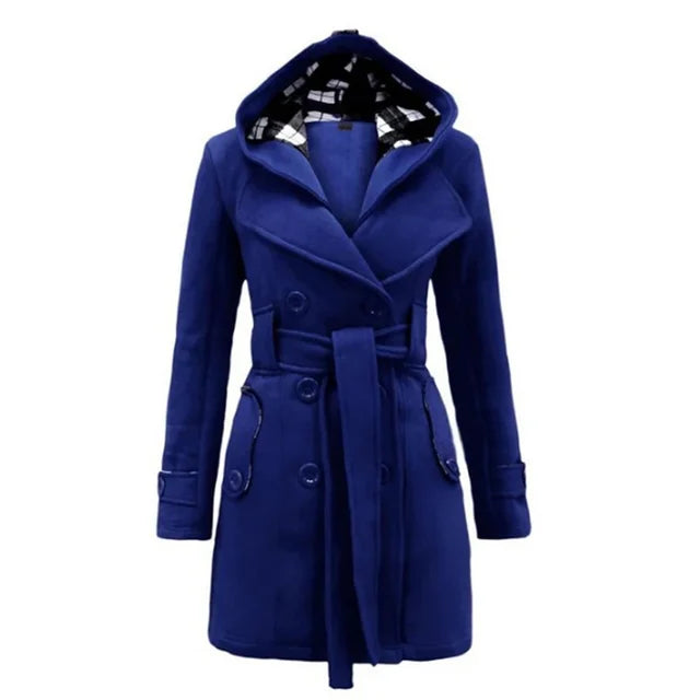 Beige Hooded Trench Coat Women's Belted Double-Breasted – Casual, Office