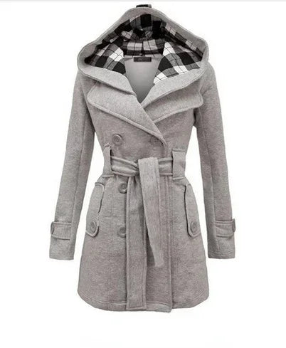 Beige Hooded Trench Coat Women's Belted Double-Breasted – Casual, Office