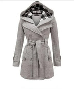Beige Hooded Trench Coat Women's Belted Double-Breasted – Casual, Office
