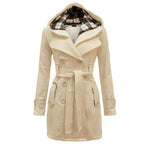Beige Hooded Trench Coat Women's Belted Double-Breasted – Casual, Office