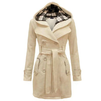 Beige Hooded Trench Coat Women's Belted Double-Breasted – Casual, Office