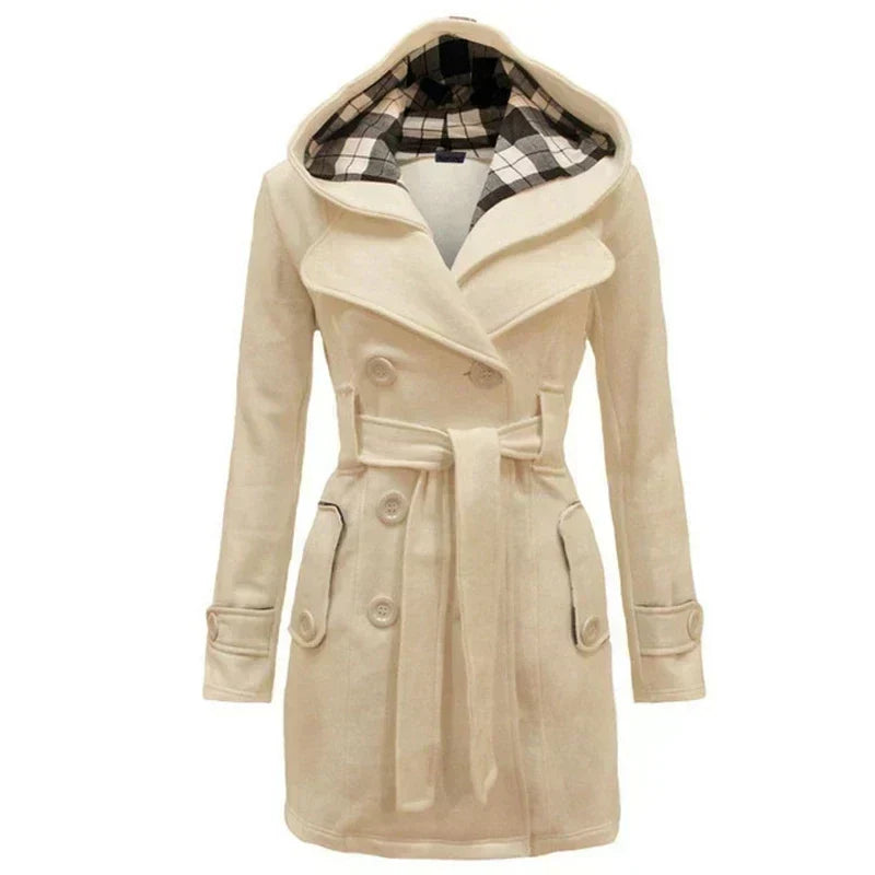 Beige Hooded Trench Coat Women's Belted Double-Breasted – Casual, Office
