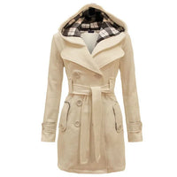 Beige Hooded Trench Coat Women's Belted Double-Breasted – Casual, Office