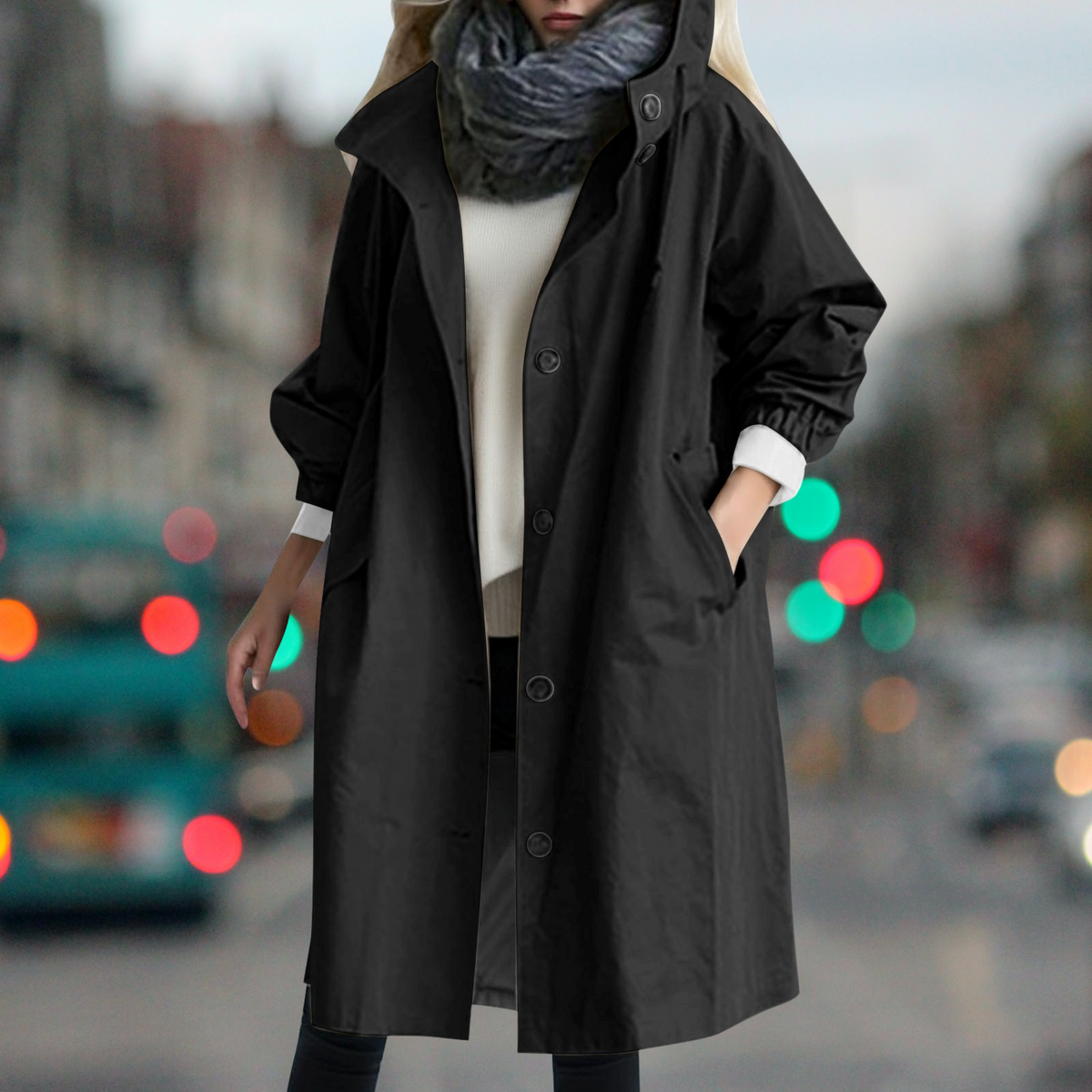 Hooded Trench Coat Women's Long Jacket with Pockets – Casual, Office