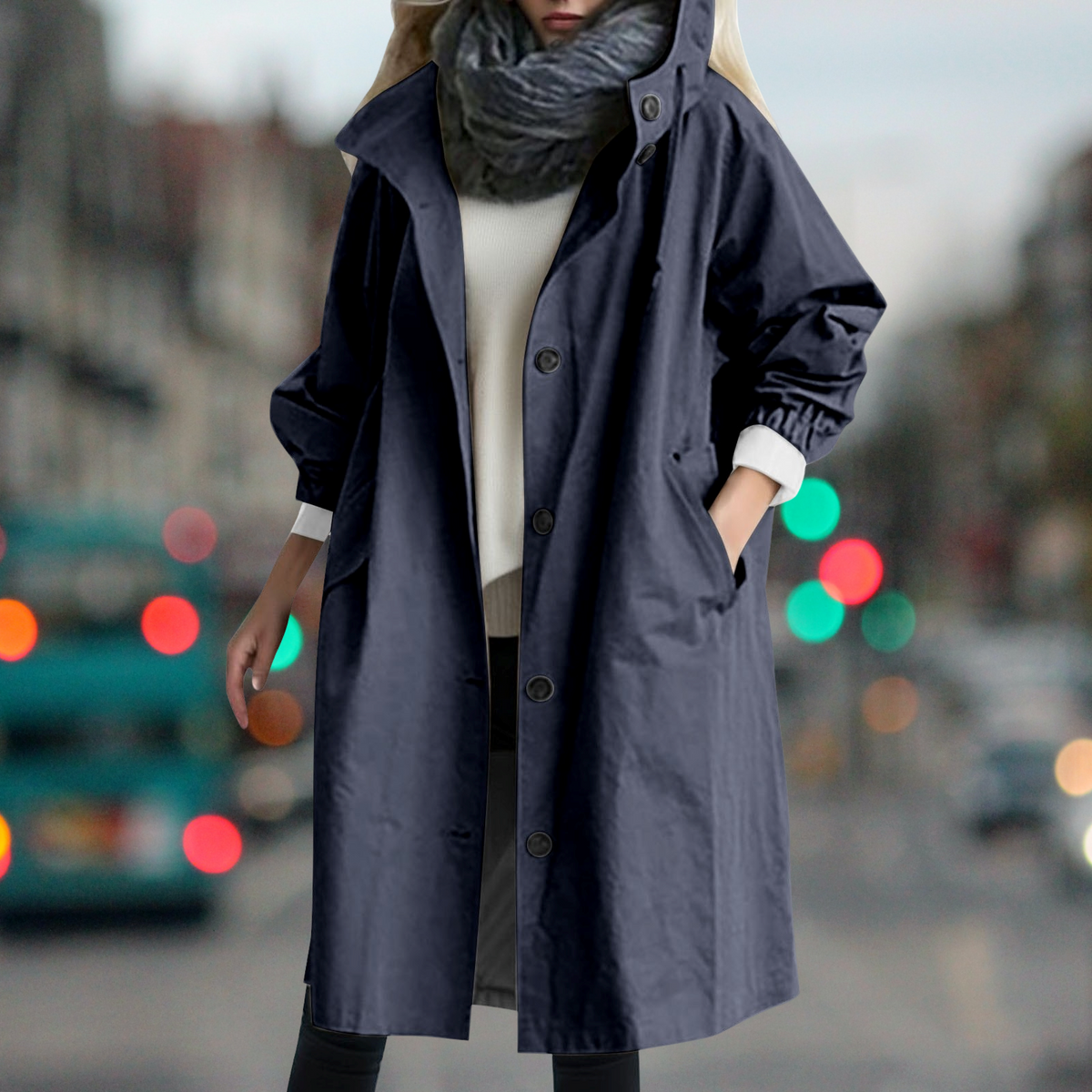 Hooded Trench Coat Women's Long Jacket with Pockets – Casual, Office