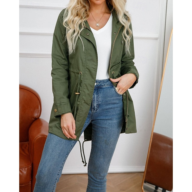 Hooded Utility Coat Women's Army Green Zip-Up Jacket – Casual, Office