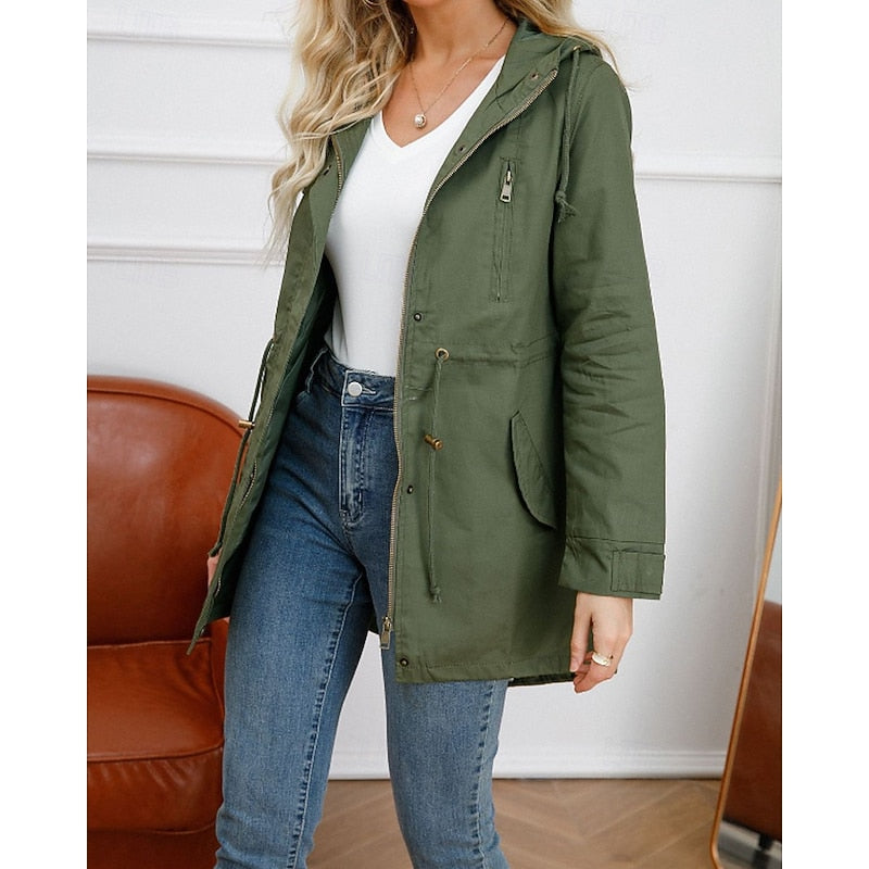 Hooded Utility Coat Women's Army Green Zip-Up Jacket – Casual, Office