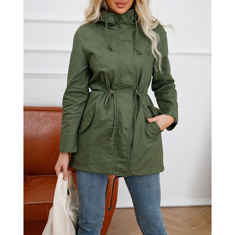 Hooded Utility Coat Women's Army Green Zip-Up Jacket – Casual, Office