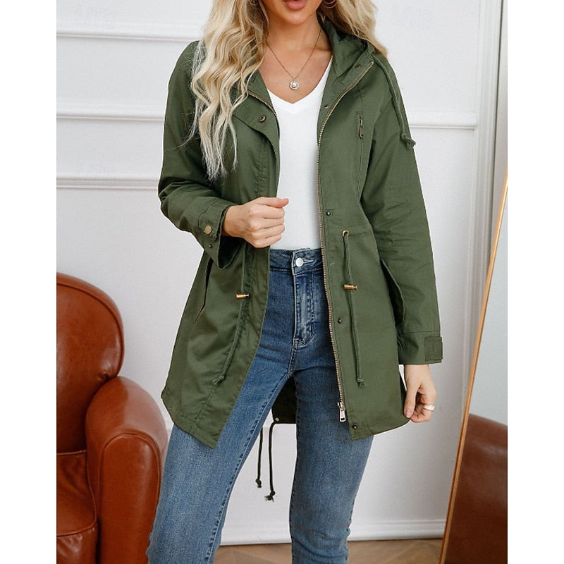 Hooded Utility Coat Women's Army Green Zip-Up Jacket – Casual, Office
