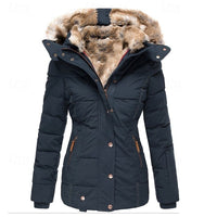 Hooded Winter Jacket Women's Faux Fur Trim Black Padded Coat – Casual, Warm Outdoor Wear