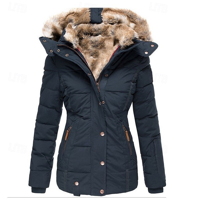 Hooded Winter Jacket Women's Faux Fur Trim Black Padded Coat – Casual, Warm Outdoor Wear
